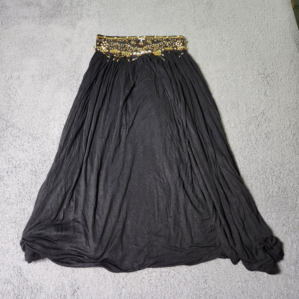 Ashley Womens L Maxi Skirt Black Gold Beaded Embellished Rayon Boho Flow VTG 90s